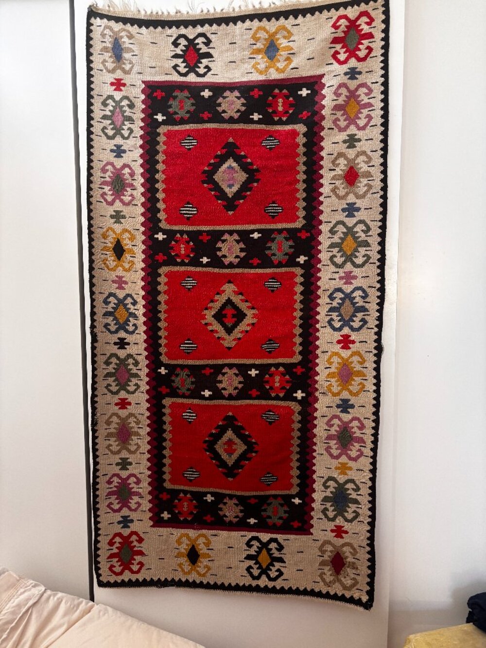 Red kilim wool wall hanging/rug 30" x 60". Turkey? Morrocco?